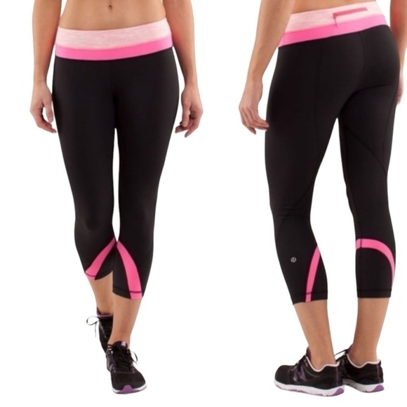 Lululemon Run Inspire Crop Legging Black / Pink / Pinkelicious Sz 4 - Picture 1 of 10